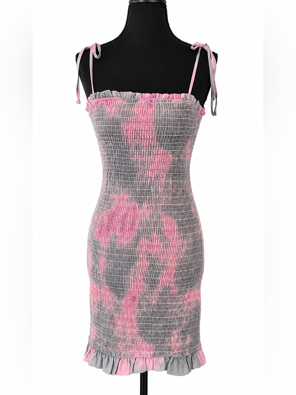 STORIA Womens Medium Smocked Tie Strap Bodycon Midi Dress Pink Gray Ruffle Hem